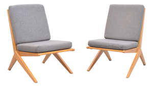 Mid-Century Ash Scissor Chairs with Back Sisal attributed to Pierre Jeanneret, 1950s, Set of 2