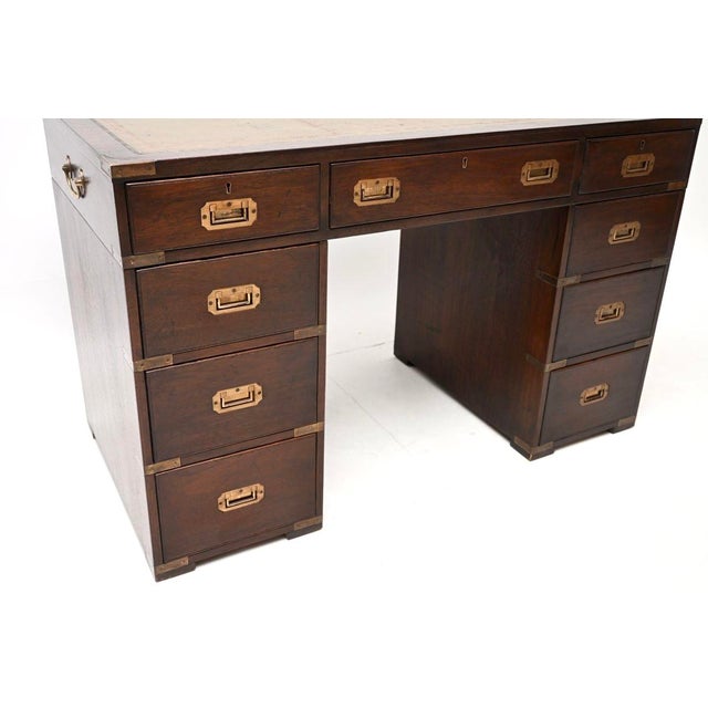 Wood Military Campaign Leather Top Pedestal Desk, 1930 For Sale - Image 7 of 10