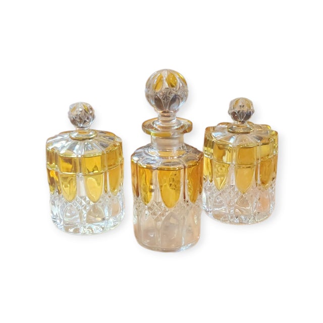 Antique circa 1908 Val St Lambert yellow and clear glass 3 piece vanity set includes perfume bottle (has large chip on...