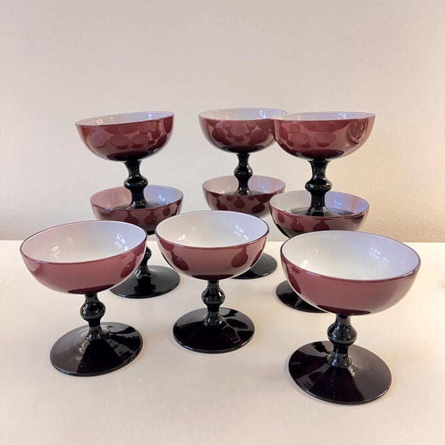 1960s 9 Carlo Moretti Amethyst cased glass coupe glasses // eggplant or raisin colored blown glass // purple and white colored glass stemware For Sale - Image 13 of 13
