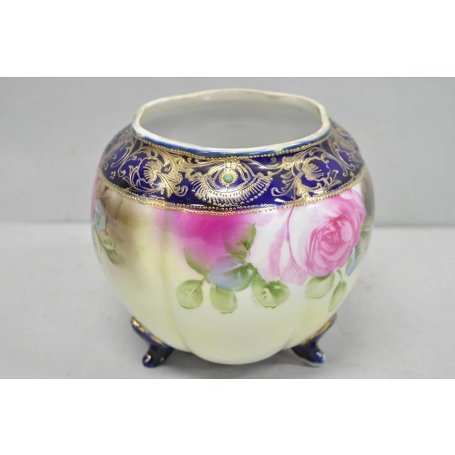 Antique Nippon Hand Painted Moriage Pink Rose Porcelain Biscuit Jar Vase For Sale - Image 10 of 16