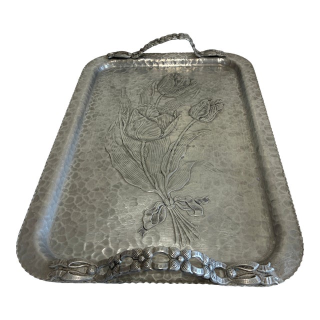 Vintage Rodney Kent Hand Wrought Hammered Aluminum Tulip Tray With Handle For Sale