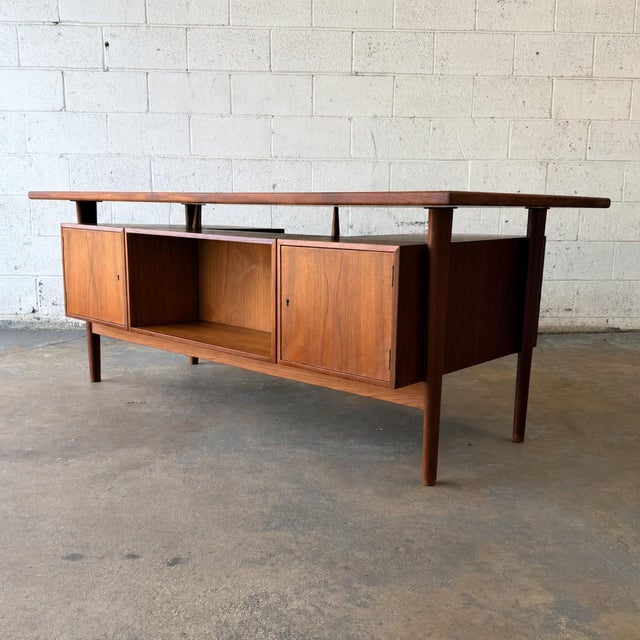 Mid 20th Century Vintage Danish 1960s Modern Teak Floating Top Freestanding Double Sided Executive Desk by Kai Kristiansen for Feldballes Møbelfabrik For Sale - Image 5 of 15