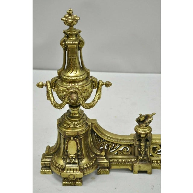 Antique French Louis XVI Brass Bronze Flame Finial Andirons With Adjustable Fender For Sale - Image 4 of 9