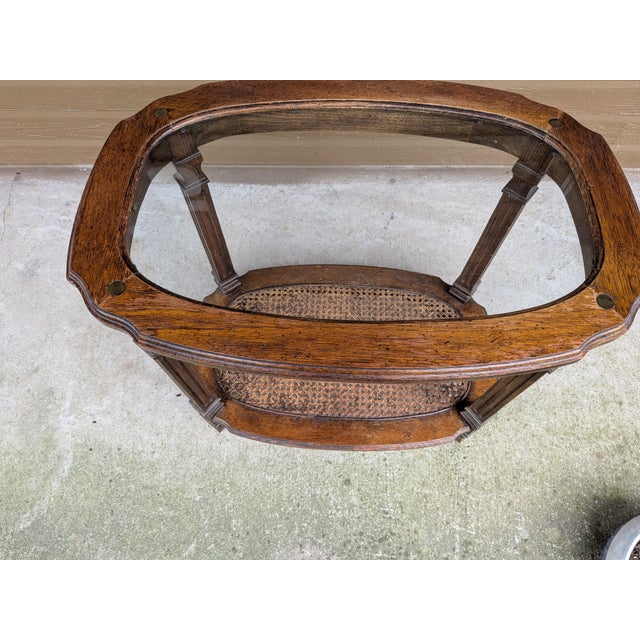 Vintage Two Tier Oval Glass Wood Woven Cane End Table Mid Century Neoclassical. For Sale - Image 9 of 13