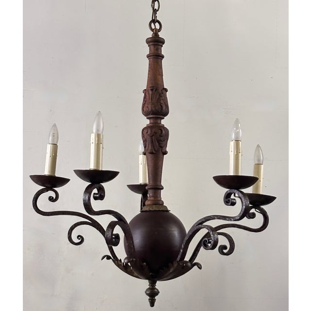 Metal Early 20th Century Spanish Wrought Iron and Wood Light Fixture For Sale - Image 7 of 8