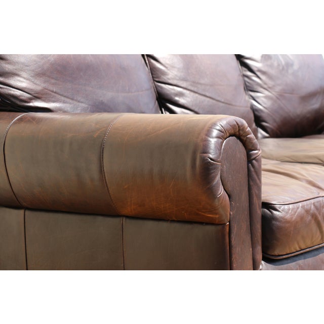 Restoration Hardware Brown Leather Three-Seat Sofa | Vintage Modern Down-Filled Cushions For Sale - Image 11 of 18