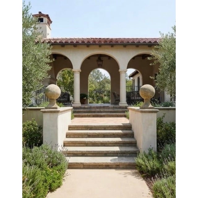 Greige Pair of Vintage Neoclassical Cast Stone Sphere Garden Finials on Pedestal Bases For Sale - Image 8 of 12