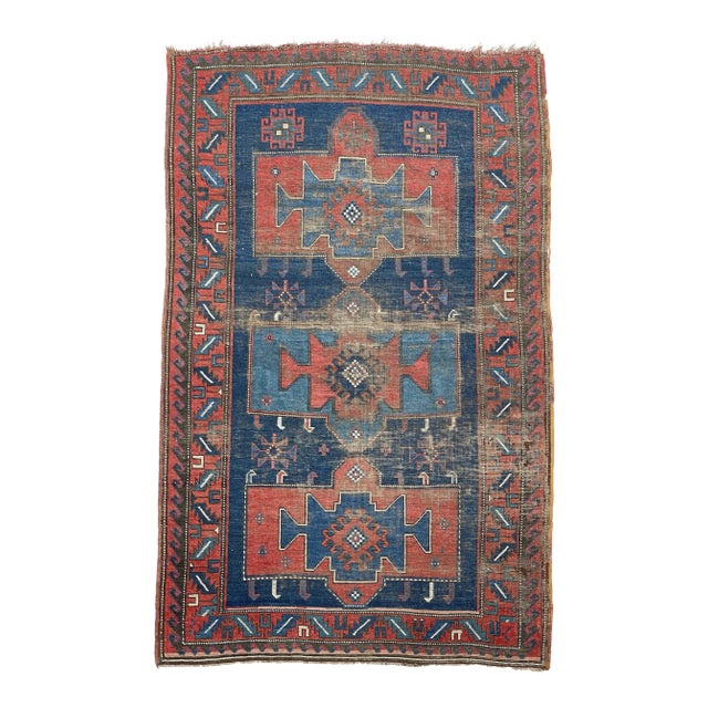 Antique Tribal Caucasian Kazak Geometric Rug, 4.4 x 6.9 For Sale