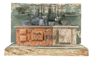 Antique Toy Kitchen in Stuccoed and Polychrome Wood, 19th Century