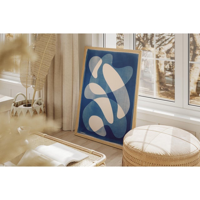 Paper 2028, Mid- Century Modern Abstract Shapes, Blue and White Floating Forms, the Splash, Handmade Monotype Cyanotype For Sale - Image 7 of 8