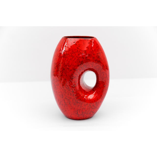 Mid-Century Modern Vintage Red and White Fat Lava Vase, 1950s For Sale - Image 3 of 11