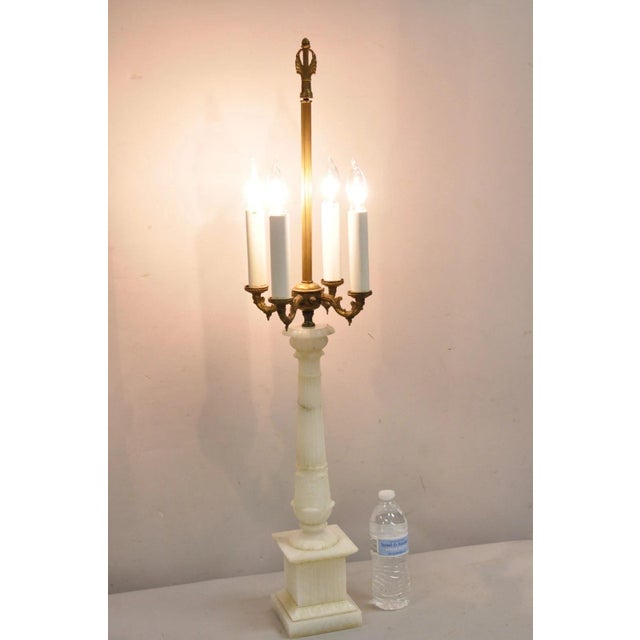Antique French Empire Style White Carved Alabaster Column Candelabra Table Lamp For Sale - Image 10 of 12