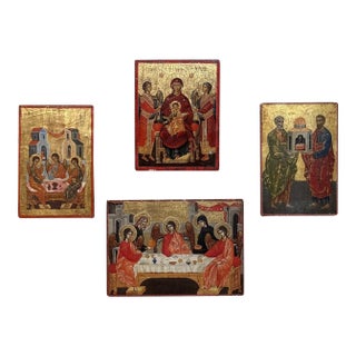 Set of Four 19th Century Russian Devotional Icons Hand Painted on Wooden Panels For Sale