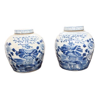 Chinese Blue and White Porcelain Urns Nanking Temple, Set of 2 For Sale