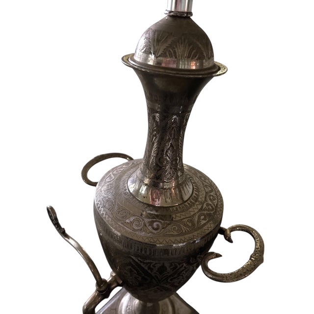 Silver Antique Engraved, Silvered Brass Samovar Table Lamp, Middle Eastern For Sale - Image 8 of 9