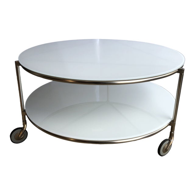 1980s Postmodern White Glass Two Tier Low Rider Coffee Table On Wheels Chairish