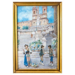 Ettore Ascenzi, The Spanish Steps, Rome, 19th Century, Watercolour, Framed For Sale