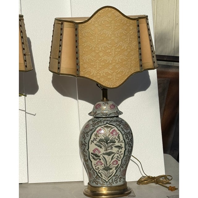 Custom Rare Fortuny Terracotta colored shades. Front and back parchment with silk velvet European trim. Beautiful Pair of...