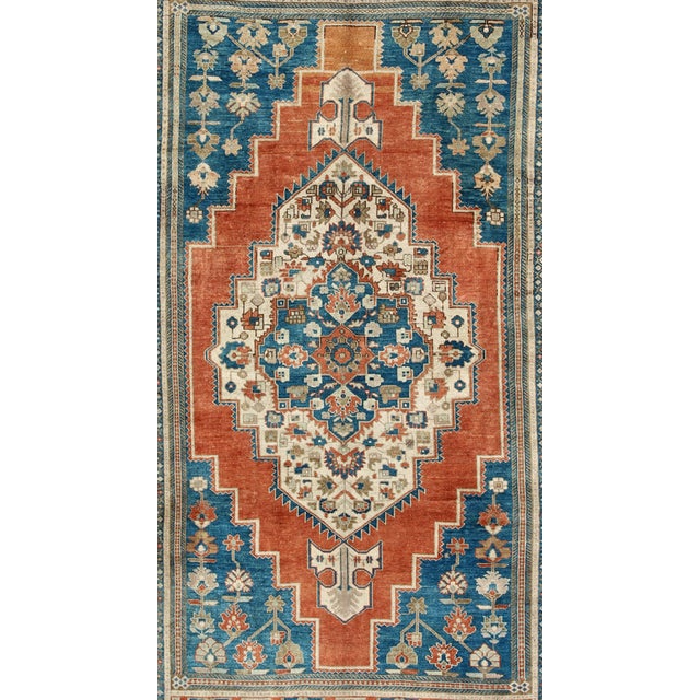 Tribal Vintage Turkish Oushak Rug in Blue, Terracotta, Light Brown and Camel 7'6 X 12 For Sale - Image 3 of 8