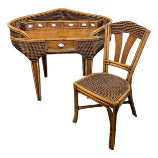 Vintage Bamboo Wicker Rattan Sea Shell Desk Set For Sale