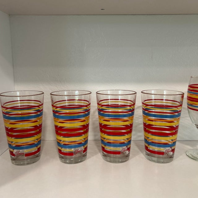 Vintage Fiesta Drinking Glasses and Two Water or Iced Tea Glasses - Red, Yellow and Blue Stripes With Fiesta Mark on Front Panel - Set of 6 For Sale - Image 11 of 11
