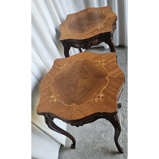 1920s 1920s Pair of French Louis XV Style Side Tables, Wooden Inlaid Design For Sale - Image 5 of 10