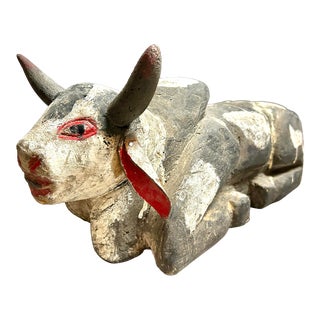 Vintage Painted Mexican Carved Wood Recumbent Cow Sculpture For Sale