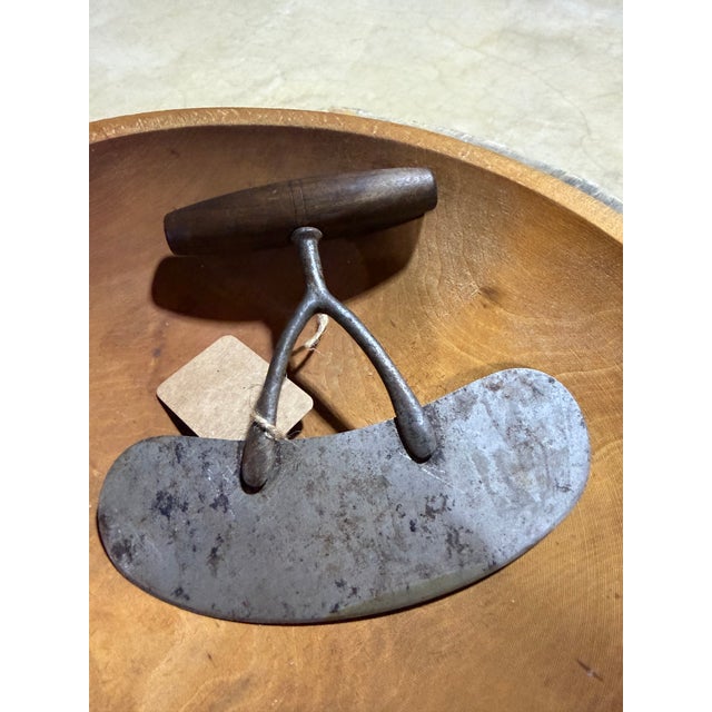 American Antique American Walnut Lathe-Turned Herb Chopping Bowl With Hand-Forged Mezzaluna For Sale - Image 3 of 4