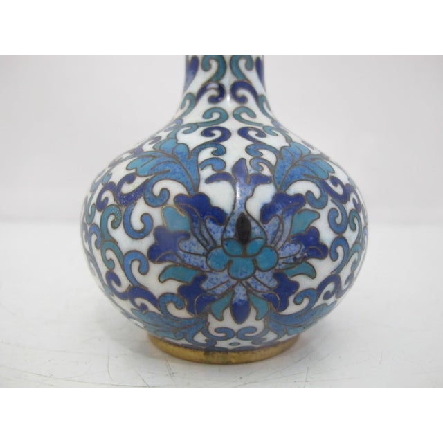 Chinese Chinese Turquoise & Cobalt Blue Cloisonne Enamel Flower Brass Small Vase For Sale - Image 3 of 9