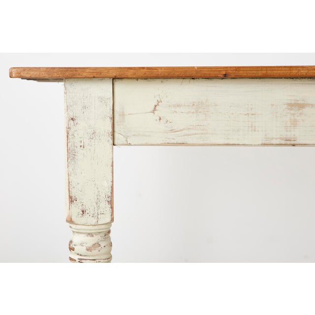 Antique White Rustic American Cream Painted Pine Farmhouse Dining Table For Sale - Image 8 of 13