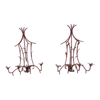 Chinoiserie Faux Bamboo Metal Painted Candle Sconces - a Pair For Sale