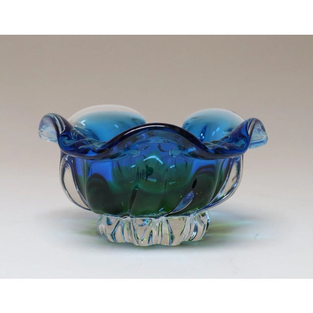 Mid-Century Modern Vintage Italian Blue and Green Art Glass Ashtray / Decorative Footed Bowl For Sale - Image 3 of 12