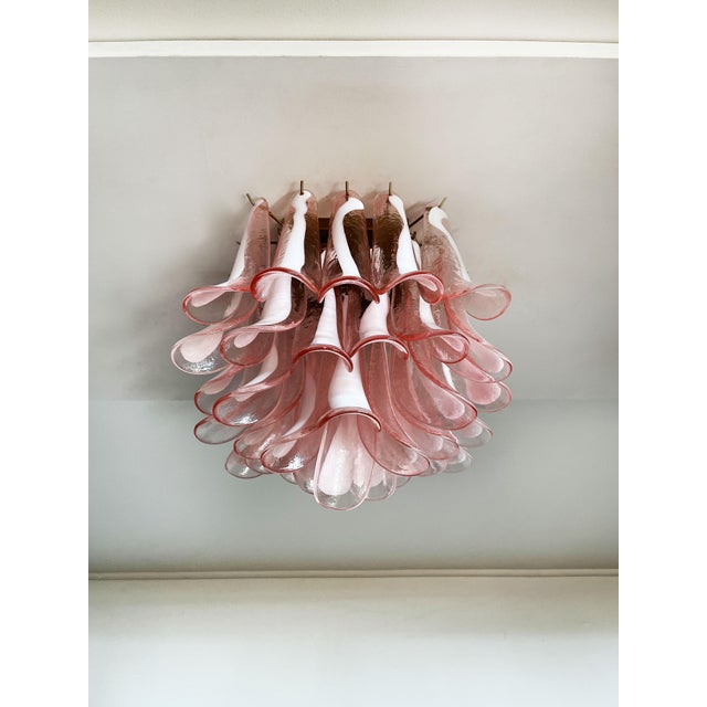 Murano Ceiling Chandelier | 32 Pink Glass and Lattimio Petals in a Contemporary | Mid Century Style For Sale In Los Angeles - Image 6 of 11