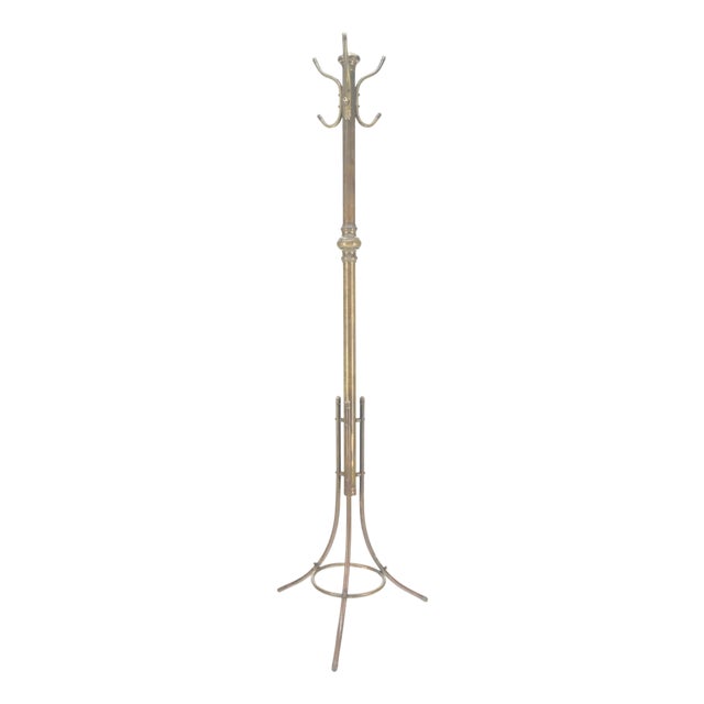 Vintage c1950s Solid Brass Tube Tripod Base Free Standing Coat Rack Nice Patina! For Sale