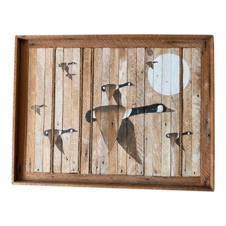 Large Vtg. 1989 Wood Inlay Geese Landscape Art Signed by C. Pruitt Inscribed 19th C. Wood Lath For Sale