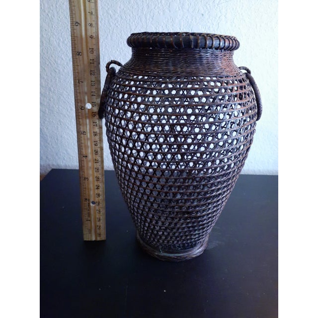 Contemporary 1970s Handmade Decorative Rattan Vase With Holders For Sale - Image 3 of 6