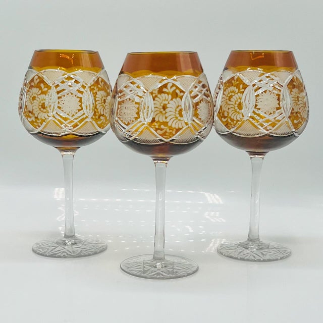 Mid-Century Modern Vintage Bohemian Amber Cut-to-Clear Wine Glasses, 1950s, Set of 3 For Sale - Image 3 of 11