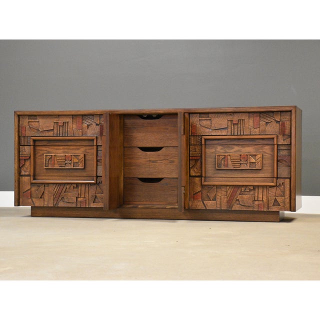 Brutalist 1970s Brutalist 78” MCM Lane Pueblo Walnut Dresser For Sale - Image 3 of 11