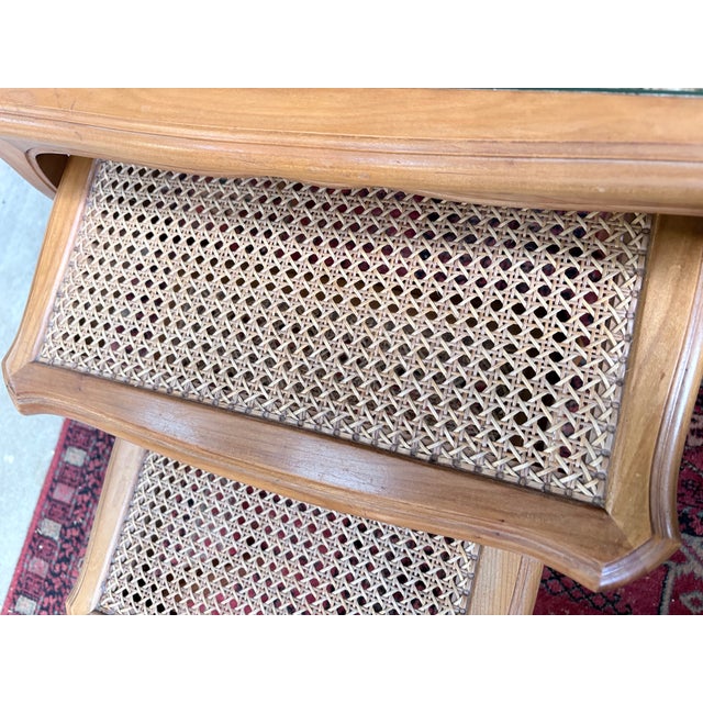 Rococo Vintage Nesting Tables in Wood and Caning Under Glass, Set of 3 For Sale - Image 3 of 12