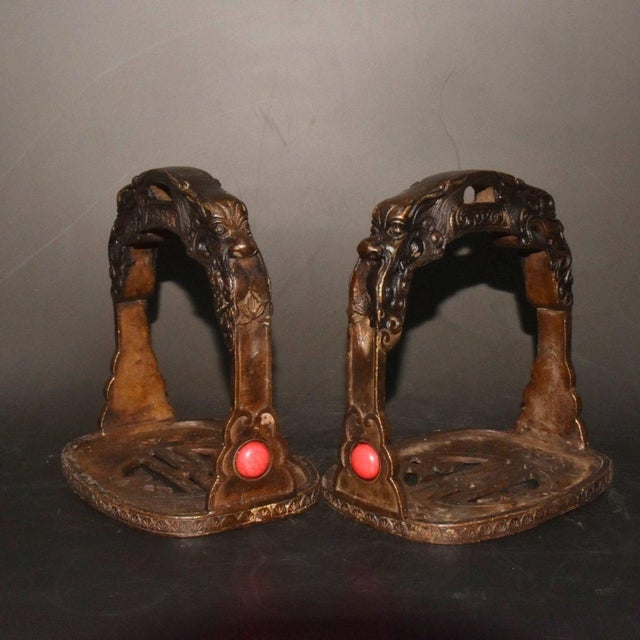 Late 19th Century Pair of Antique Bronze Stirrups With Dragon Motif and Gemstone Inlays, 1.6kg For Sale - Image 5 of 9