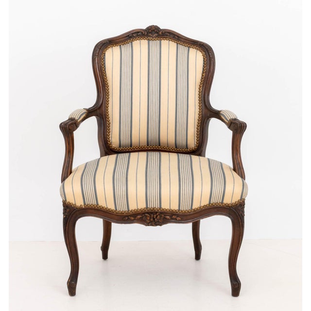 Mid 20th Century Pair of Louis XV Style Walnut Striped Linen Upholstered Fauteuils For Sale - Image 5 of 9