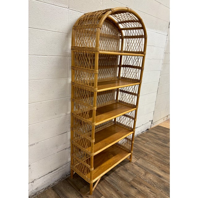 Boho Chic Vintage Arched Rattan Etagere Bookshelf Bookcase For Sale - Image 3 of 9