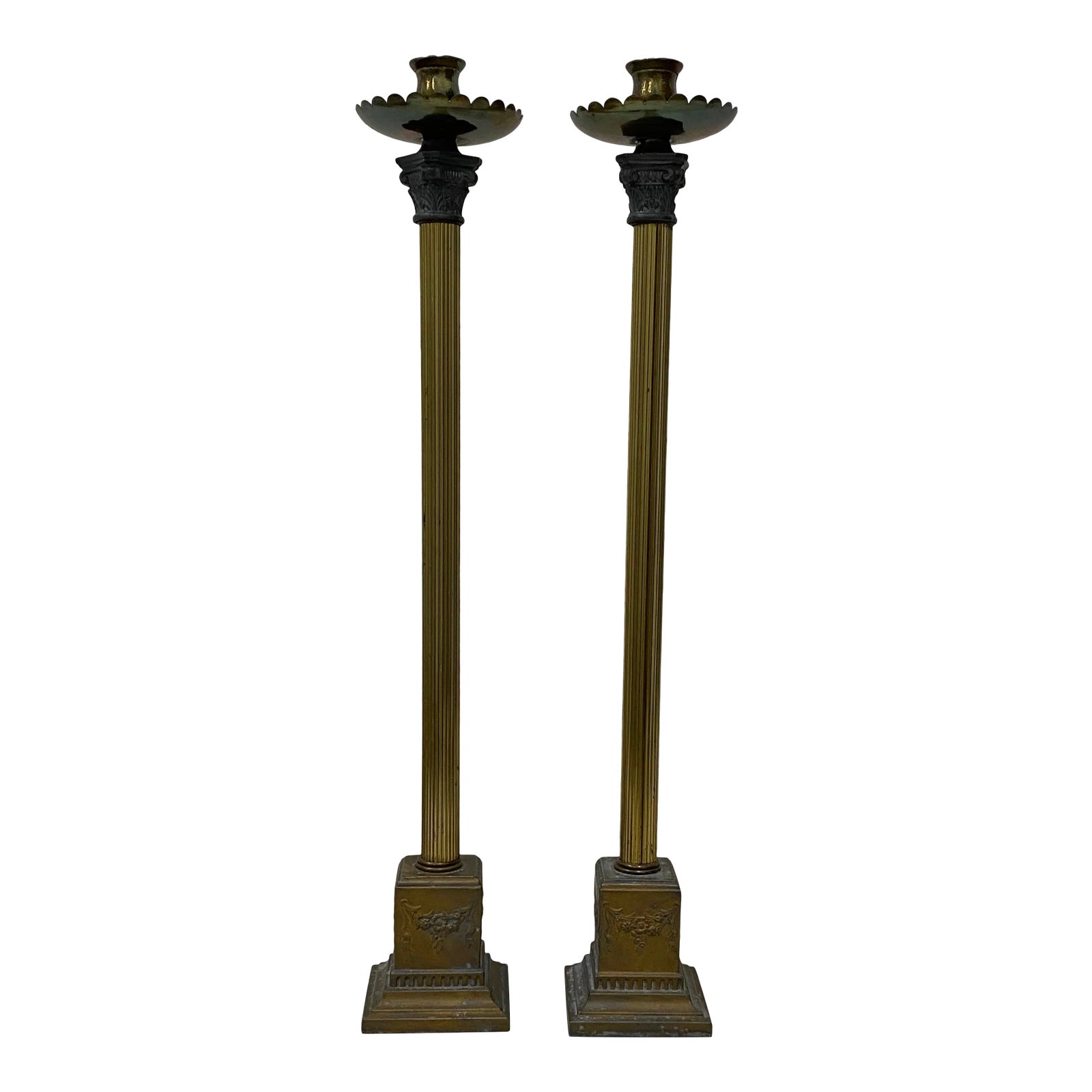 Early 20th Century Italian Plate Brass Spelter & Marble Base Candle