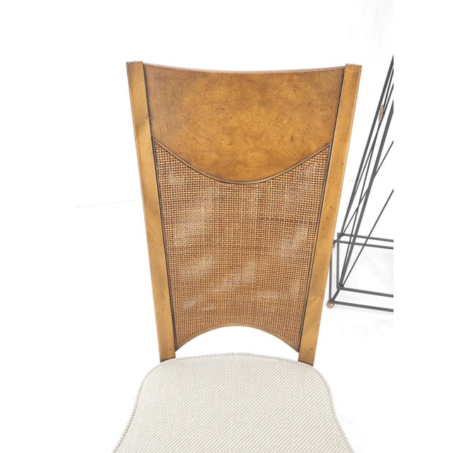 Set 4 Burl Wood Cane Back NEW Upholstery Dining Chairs Mid Century Modern MINT! For Sale - Image 10 of 15