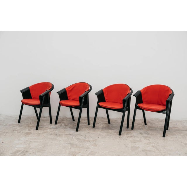 Black Lacquered Wood Chairs with Red Fabric Seats from Pozzi & Verga, 1970s, Set of 4 For Sale - Image 3 of 13