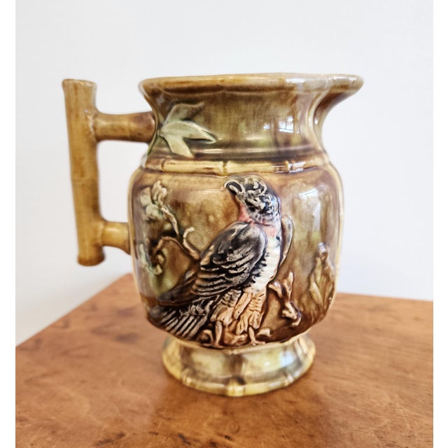 English 19th Century Majolica Jug With Birds and Bamboo Handle For Sale - Image 3 of 10