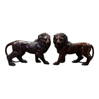 Large Antique Bronze Lion Pair 13” Italian Style Mantel Statues Heavy Matched For Sale