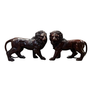 Large Antique Bronze Lion Pair 13” Italian Style Mantel Statues Heavy Matched