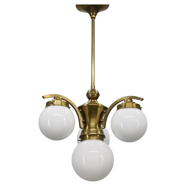 1930s Czechoslovak Art Deco Brass Chandelier with Four Opaline Glass Globes For Sale - Image 14 of 14